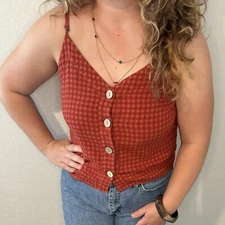 Super Cute Fall Red & Orange Gingham Button Up Tank Top W Adjustable Straps