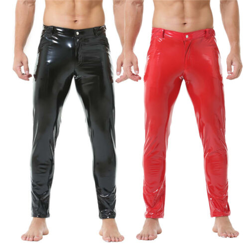 Men Glossy Latex PU Leather Long Trousers Biker Club Straight Pants PVC Wet Look - Picture 2 of 30