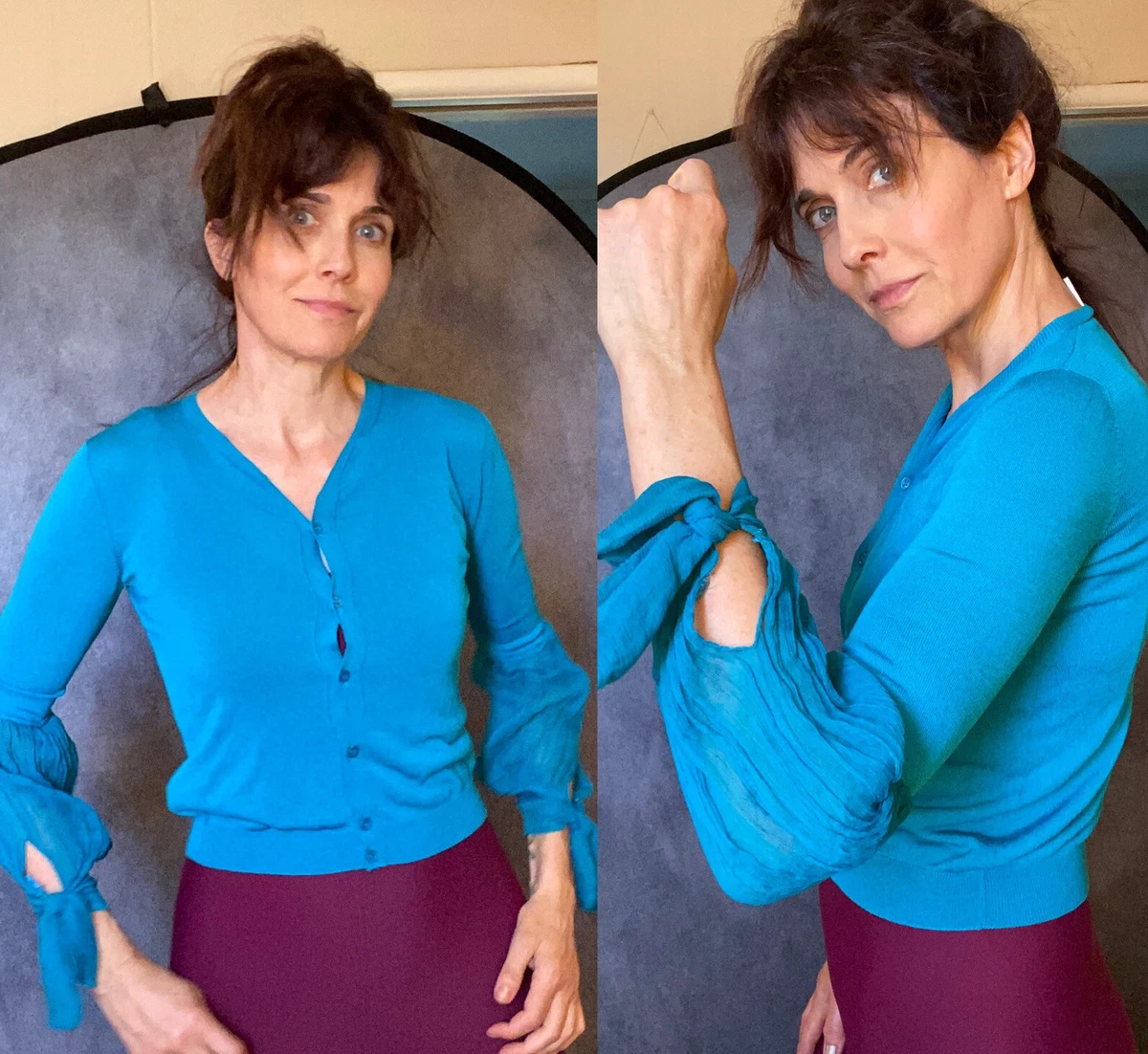 RED Valentino Cardigan w/ Sheer Panel Bow Sleeve Sz S aqua Button Sweater |  eBay