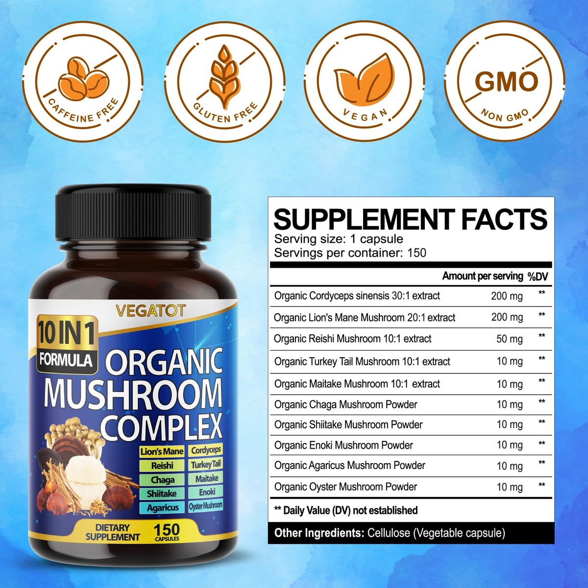 Vegatot Mushroom Complex 150 Count 10 in 1 Dietary Supplement for