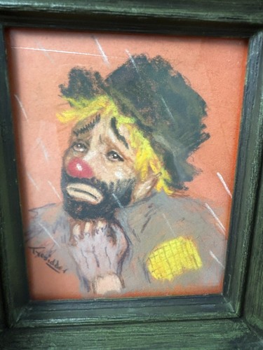 2 Sad CLOWN HOBO Original Art SIGNED Charcoal Chalk Antiqued Avocado Wood Frames - Picture 3 of 16