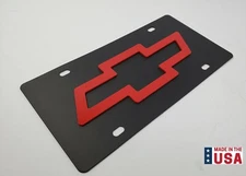 Black Metal Vanity License Plate Tag w/ 3D Red Chevy Bowtie