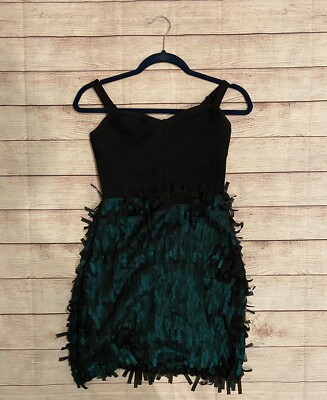 BEBE SZ XS BLACK GREEN METALLIC FRINGE Bodycon Bandage DRESS