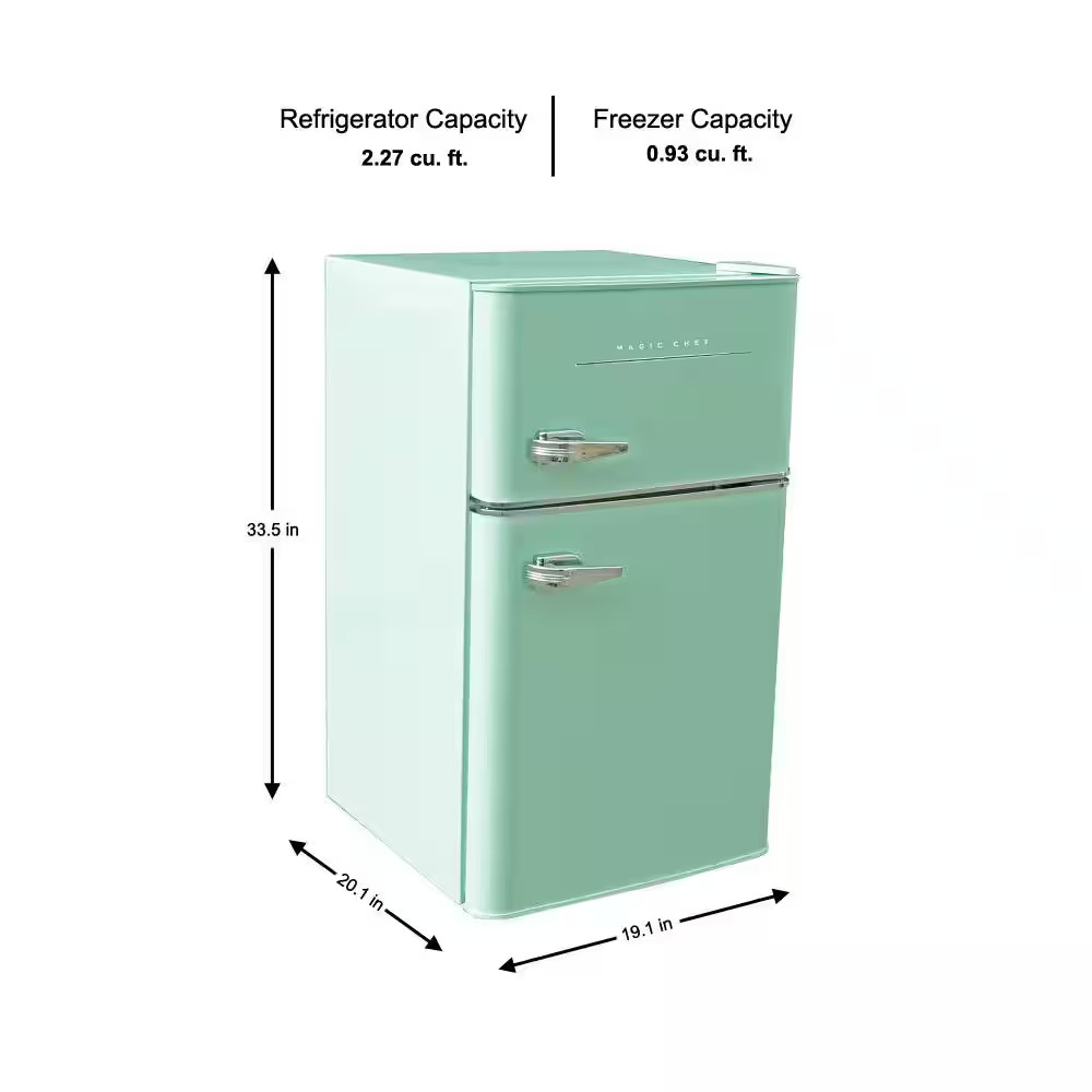 Retro Mint Green 3.2 Cu. Ft. 2-Door Mini Fridge Separate Top Freezer Energy Star