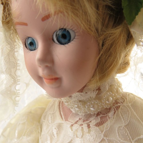 Vintage Bride Doll Blond Hair Blue Eyes White Lace Dress Ribbons Faux Pearls - Picture 4 of 12