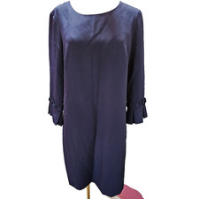 Tahari Dress Womens 8 Navy Sheath Ruffle Sleeve Long Sleeve Lined Classic Modest