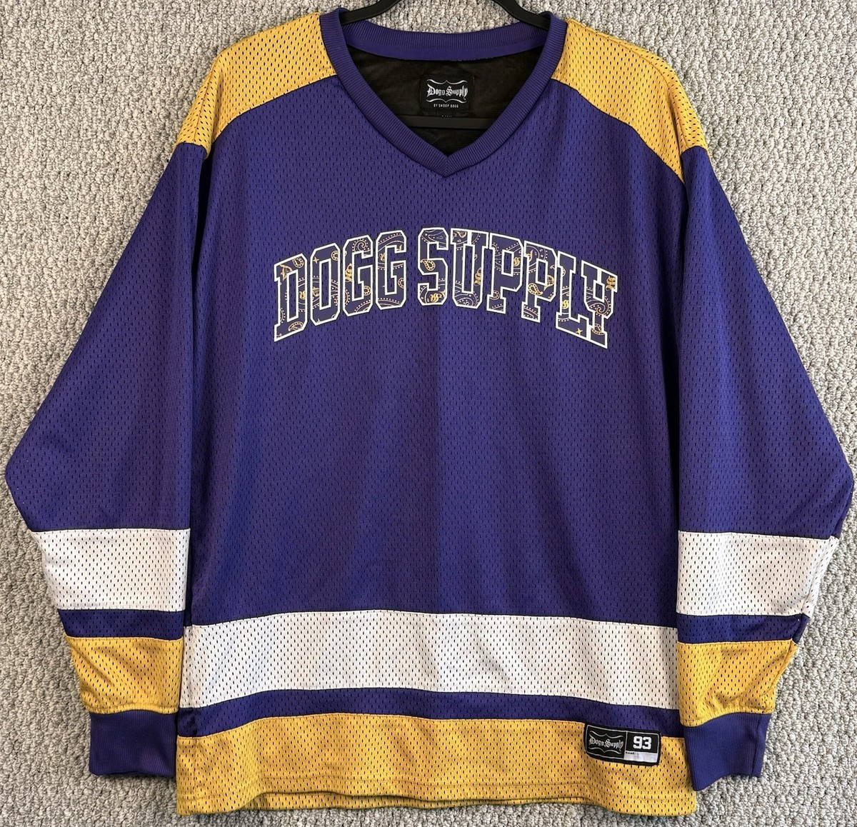Y2K Dogg Supply Snoop Dogg 93 Mesh Hockey Jersey Purple Gold Small