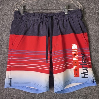 Hurley Swim Shorts Men M Comfort Lined Blue Red Striped Stretch NWT