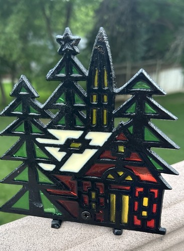 VTG Stained Glass Church Cast Iron Tea Light Candle Holder Taiwan Christmas - Picture 4 of 11