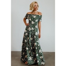 Baltic Born Becca Smocked Maxi Dress Green Ivory Floral Size Small