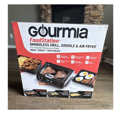 Gourmia FoodStation Smokeless Grill Griddle Air Fryer 1500W Temp Probe
