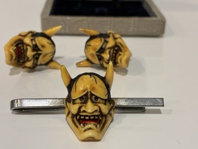 Japanese Resin Hannya Oni Nox Demon Mask Cufflinks Tie Bar SET W/box Devil Hanya