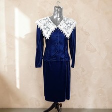 Vintage 80s Prairie Velvet Lace Collar 2 Piece Skirt Set Size 10 Cottagecore