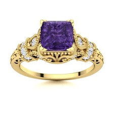 Sterling Silver Princess-cut Natural Amethyst Solitaire with Accents Ring