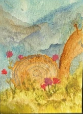 ACEO/ATC Original Abstract Snail Landscape Painting 2.5x3.5in Mini Art Card