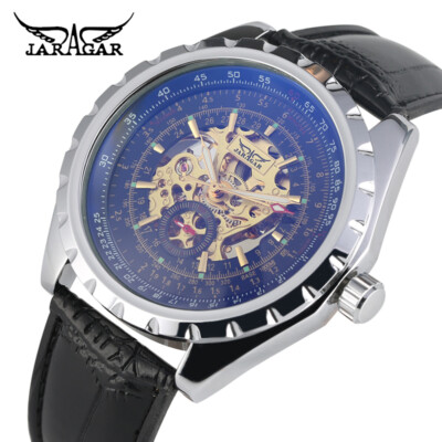 Jaragar Luxus Herren Skelett Automatik Mechanische Armbanduhr Lederarmreif