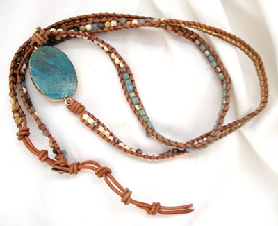 Boho Ocean Jasper Gemstones Crystal Leather Wrap Bracelet / Necklace 36'' L
