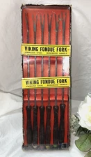 New Old Stock Vintage Fondue Fork Set with Box multicolor tips rosewood handles