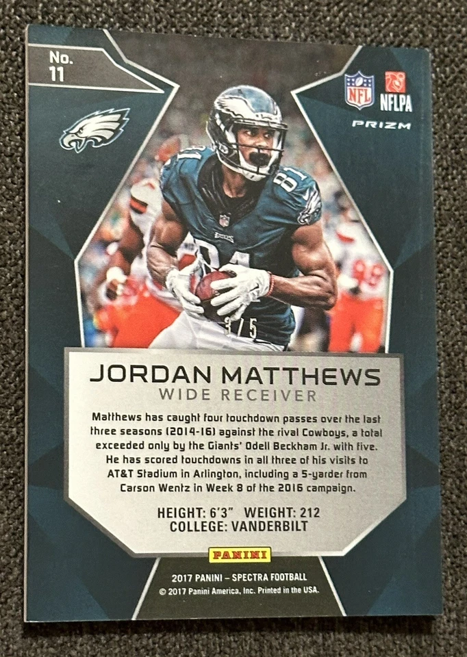 2017 Panini Spectra Orange Prizm Jordan Matthews #3/5 Eagles Panthers - Image 2 of 3