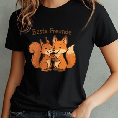 Women's Squirrel and Fox Print Cotton T-Shirt Size S to 3XL