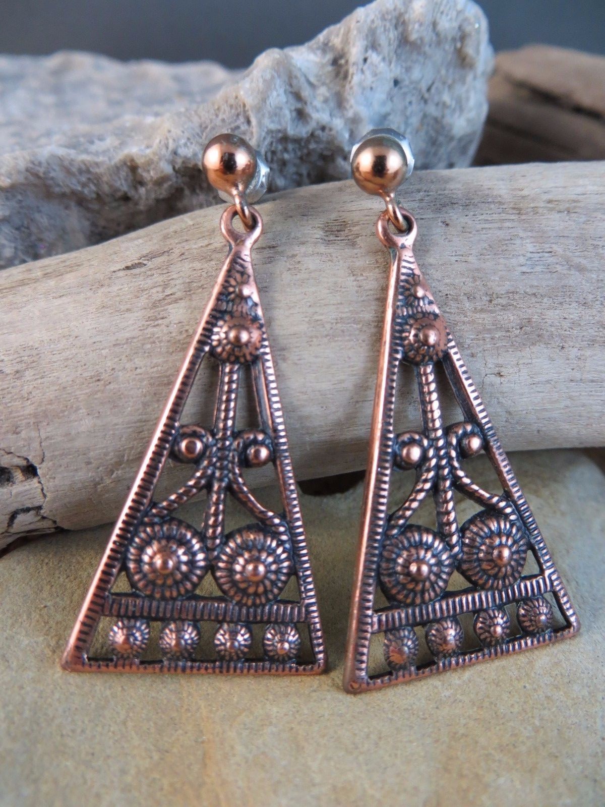 Vintage Copper Studded Triangular Dangle Post Ear… - image 1