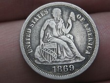1869 P Seated Liberty Silver Dime- Philadelphia, VF Details
