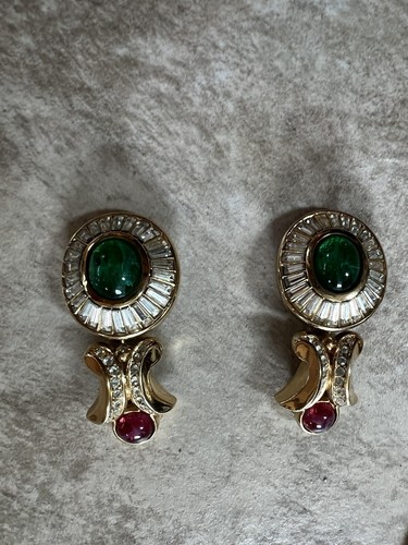 Jewels of India Grosse Christian Dior Emerald Glass Necklace Brooch Earrings Set - Picture 18 of 24