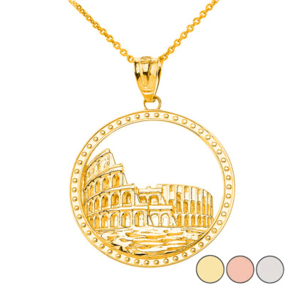Solid Gold Historic Rome Colosseum Pendant Necklace (Yellow, Rose and White)
