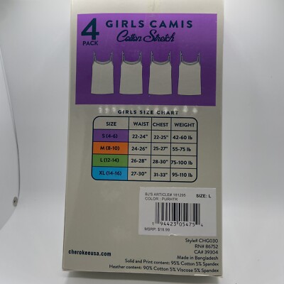 N Cherokee Girl's 4 Pack Soft Cotton Cami Spaghetti Strap Tank Tops