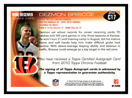 Dezmon Briscoe 2010 Topps Chrome C17 AU Rookie Autographs Auto - Picture 2 of 2