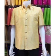 Men Shirt Cloth Thai Traditional Outfit Short Sleeve Uniform Top Summer yellow