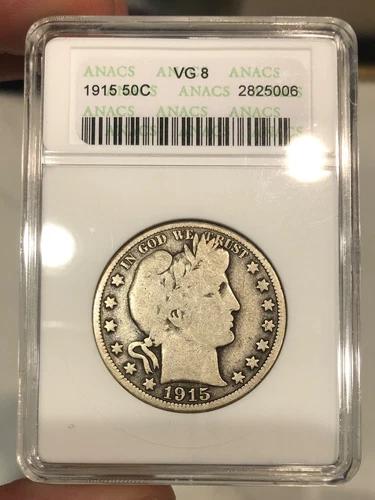 1915 Barber Half Dollar graded VG8 by ANACS Soapbox Holder KEY DATE