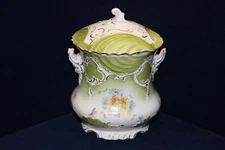 Beautiful Antique Porcelain Hand Painted, Unmarked Biscuit Jar, Lime Green