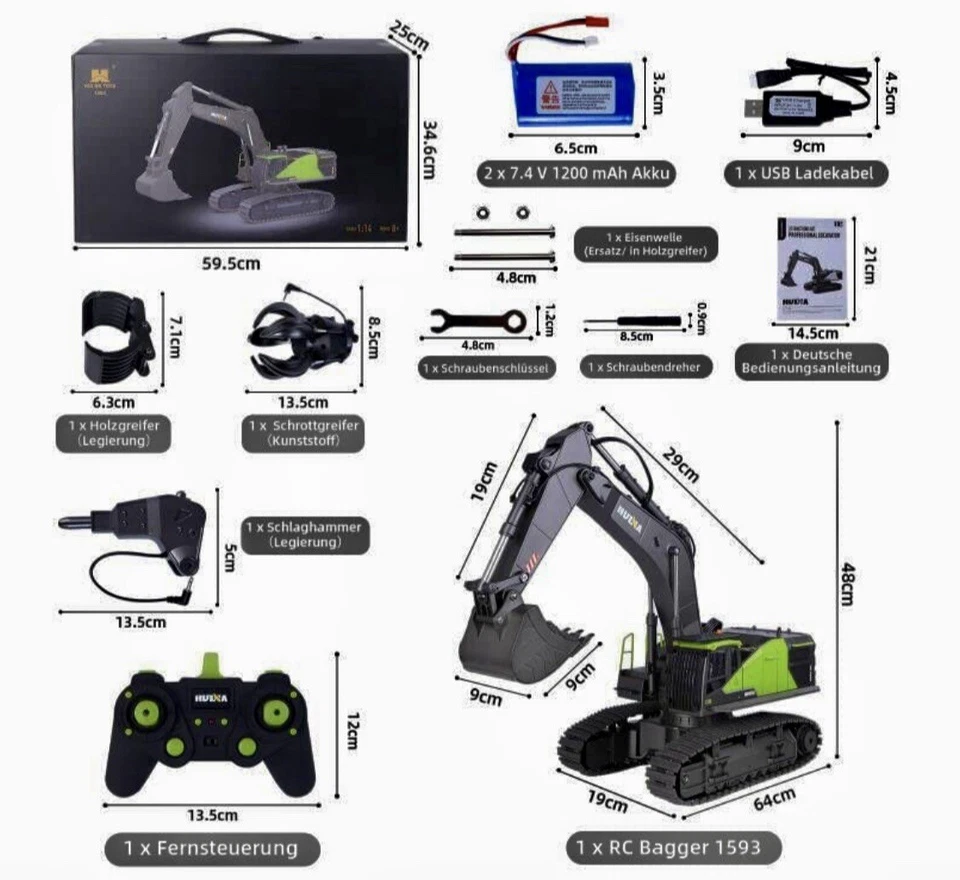 Huina 1593 Bagger 1 14 RTR inkl 2 Akkus Kettenbagger Die Cast RC