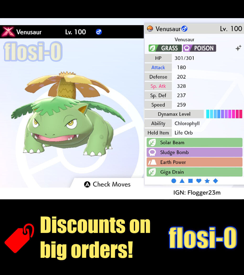 Shiny Bulbasaur/Venusaur 6IV - X/Y OR/AS S/M US/UM Let's Go Sword/Shield