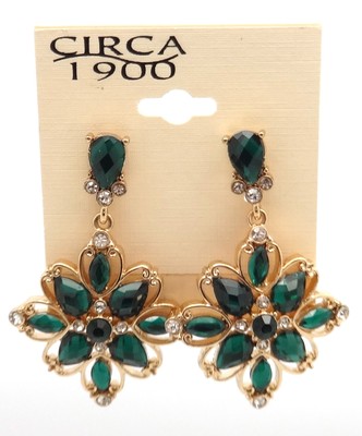 Circa 1900 Sunflower Green Crystal Goldtone Drop Dangle Earrings 2'' NEW