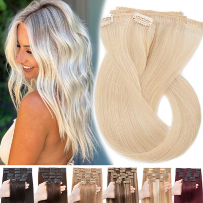 Glatt Echthaar Clip In Hair Extensions Haarverlängerung 20CM-60CM 8 Tressen Weft