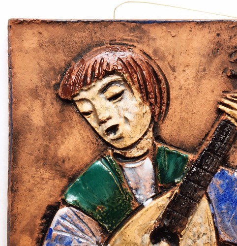 Vintage Karlsruhe Large Pottery Wall Tile Man w/ Lute, 1960s Germany Modernism - Picture 2 of 10