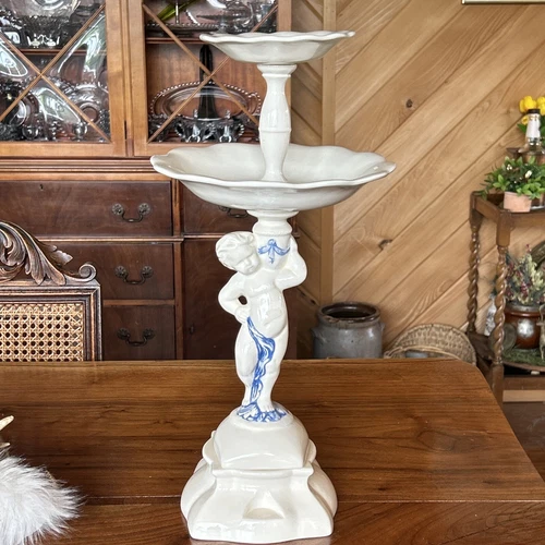 VTG Arnel’s Mold Ceramic Blue White Cherub Pedestal Two Tier Centerpiece