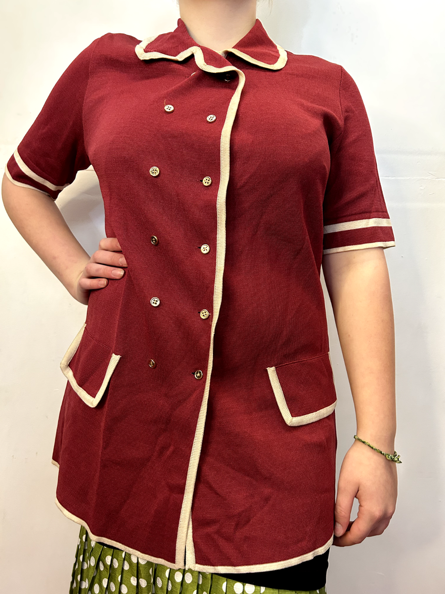 Vintage 1970s Knit Nylon Blazer Burgundy Maid Uniform Nurse