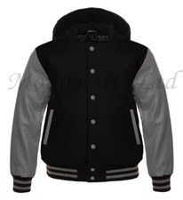 New Varsity Letterman Black wool  Gray Genuine Leather Sleeves baseball Hoodie