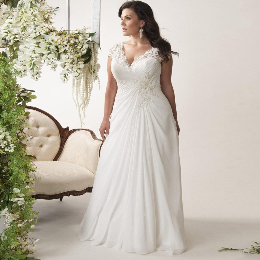 Plus Size Beach Wedding Dresses V-Neck Cap Sleeve Applique Chiffon Bridal  Gowns | eBay