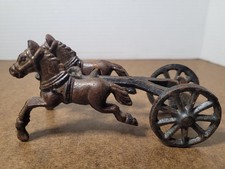 Vintage Cast Iron 2 Harnessed Horses Pulling Cart