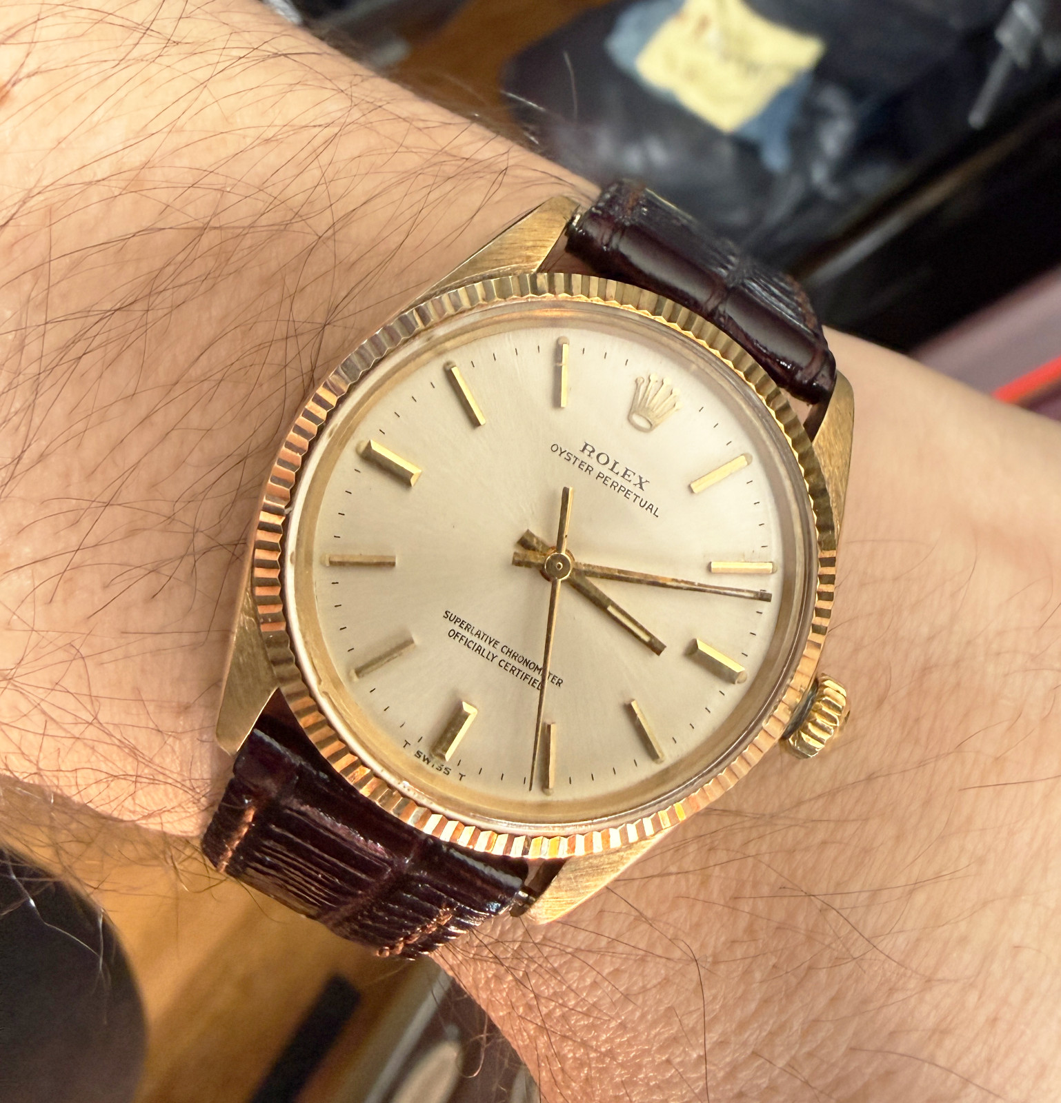 Rolex Oyster Perpetual 1005 14k Gold Vintage 34mm Automatic Champagne Dial