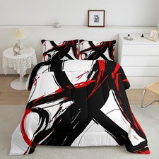 Abstract Art Bedding Set Queen Size Kids Red Black Modern Geometric Print Duv...