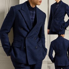 Double Breasted Herringbone Men Suits Slim Fit Peak Lapel Formal Tuxedos Tweed