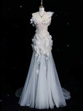 Graceful Evening Dresses 3D Appliques Sequins Spaghetti Strap Court Gown Party