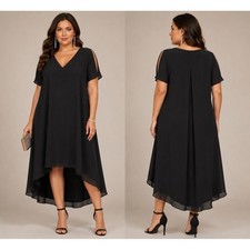Rachel Rachel Roy Dress 1X Black V-Neck Split Sleeve Chiffon Shift Cocktail Chic