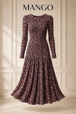Mango Floral Smocked Midi Dress Long Sleeve Black Pink Stretch Size S NWT
