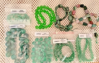 JEWELLERY MAKER STRANDS X 8. PRE OWNED GOOD. ALL SHOWN. GREEN MIX.